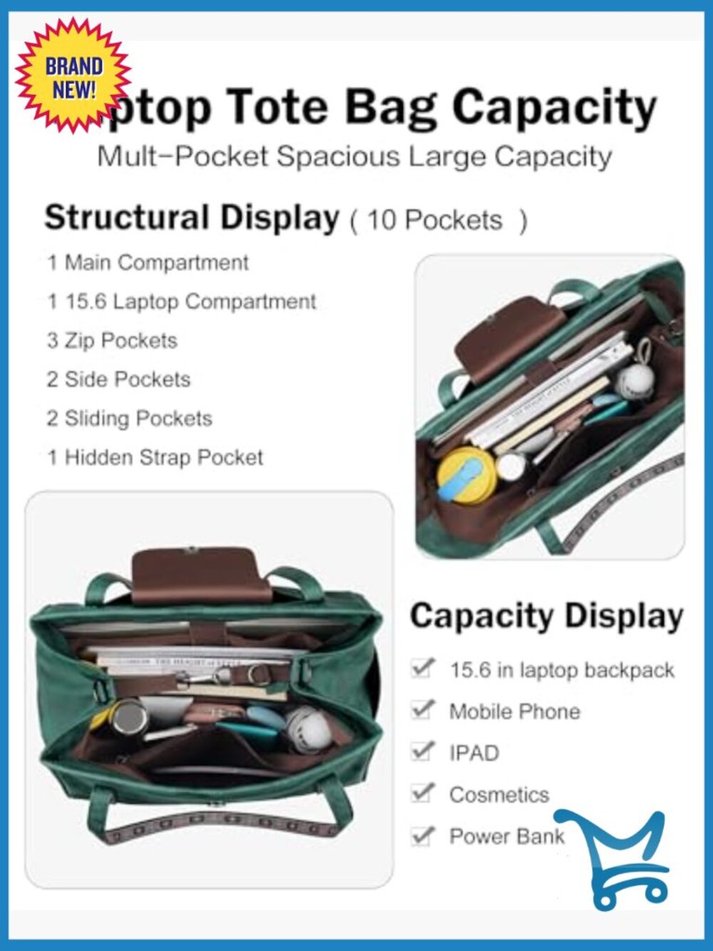 Large Convertible Laptop Tote Bag with Backpack Straps, 10 Pockets - Picture 3 of 7